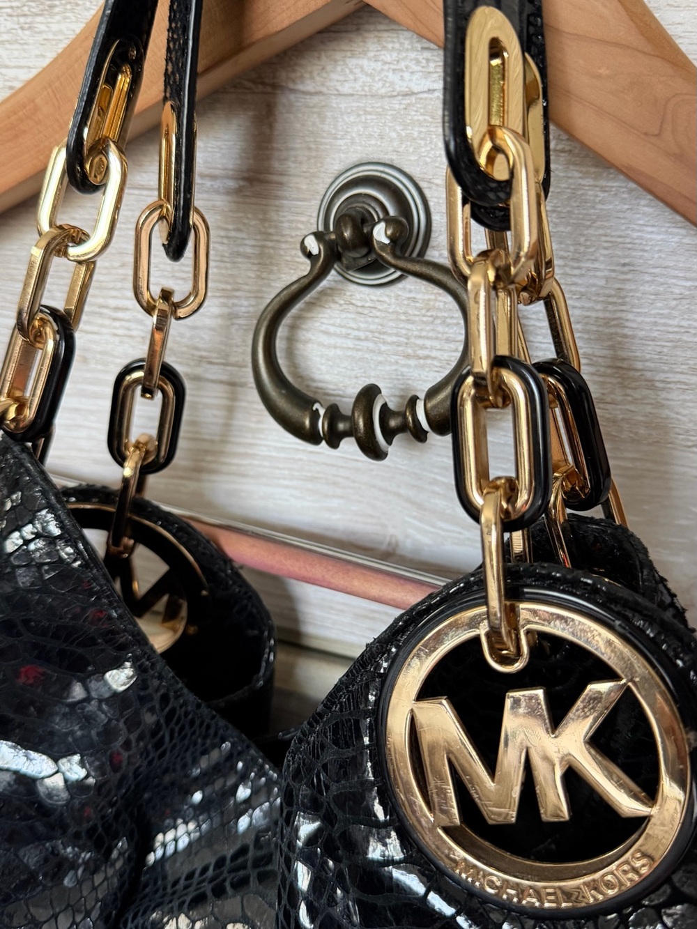 Michael Kors Black Patent Snake-Embossed Shoulder Hobo with Gold Hardware - Picture 2 of 8
